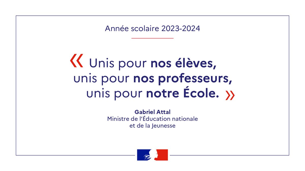 education_gouv's tweet photo. Soyons unis : pour se transformer et pour avancer notre École a besoin de tout un pays derrière elle.

Excellente année scolaire à chaque élève de France, à leurs parents et à tous les professeurs et personnels de l’Éducation nationale. https://t.co/yMsarSeBVK https://t.co/Ojg1XTDqR4