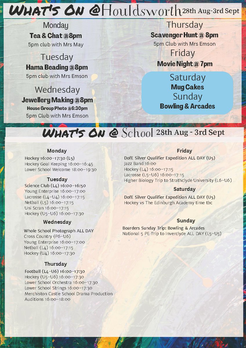 We are delighted to see our new and returning #boarding students this term. 👋🤲 Look at 'What's On' for them at school this week. 👀
#IloveBoarding #aVoiceforAmbition #stgeAmbition #StgeCommunity #StGeorgesEdinburgh #BoardingSchool
