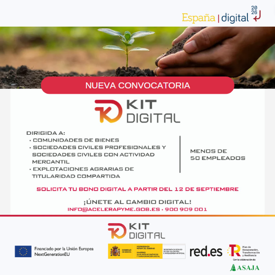 🤔¿Aun no lo sabes? ¡Nueva convocatoria de #KitDigital! 📷Solicitudes a partir del 12/09 Dirigida a: 📷Sociedades civiles 📷Explotaciones agrarias  📷📷red.es/es/actualidad/…
<a href="/_minecogob/">Economía, Comercio y Empresa</a>
<a href="/SEDIAgob/">S.E. Digitalización e Inteligencia Artificial</a>
#PlanDeRecuperación #NextGenerationEU