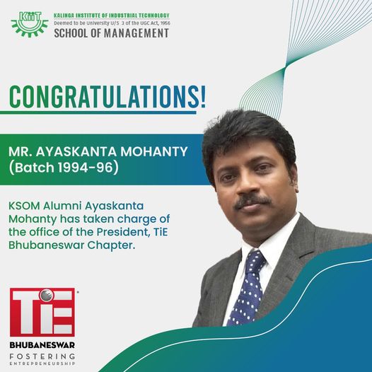 KSOM congratulates its alumni, Mr. @akmohantytatwa (Batch 1994–96), on taking charge of the office of the President, TiE Bhubaneswar Chapter.

Mr. Mohanty is an entrepreneur, startup mentor, and business leader of repute.

#ksombbsr #MBA #AlumniAchievement #kiit #Entrepreneur