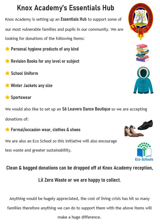 At <a href="/knoxacademy/">Knox Academy</a> we are in the early stages of setting up an essentials hubs to support our pupils. We are looking for the following items. If you can't donate, please share the word on social media channels. Thank you! <a href="/DoLilThings/">Lil</a> <a href="/elcourier/">East Lothian Courier</a> <a href="/KnoxParents/">Knox Academy Parent Council</a>