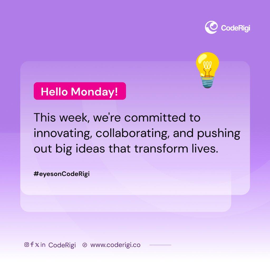 coderigi_'s tweet photo. Tech-Powered Monday Vibes! π»
This week, we're all about innovation.
Give us a repost if you're as excited as we are to shape the future!
#CodeRigi #Innovation #MondayMotivation #Monday #CodeRigiAcademy #BootCamp #NewWeek https://t.co/DajCSVgqUu