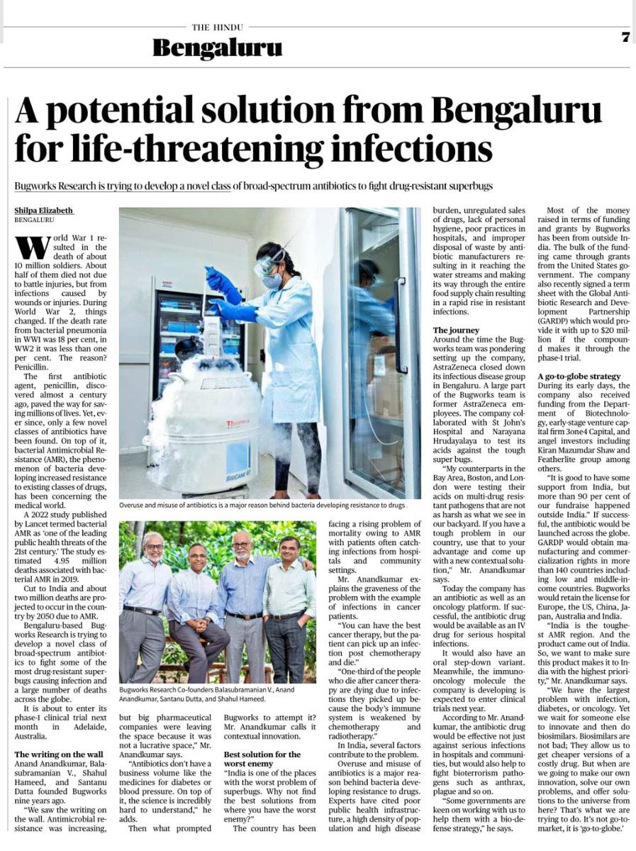 CCAMP_India's tweet image. CCAMP supported #Bugworks featured by @the_hindu @THBengaluru. 

Read more about their first-in-class antibiotic, ongoing Phase I clinical trials &amp;amp; their recent term sheet signing with @gardp_amr for 20Mn USD funding and a global launch across 140 countries if Phase I is