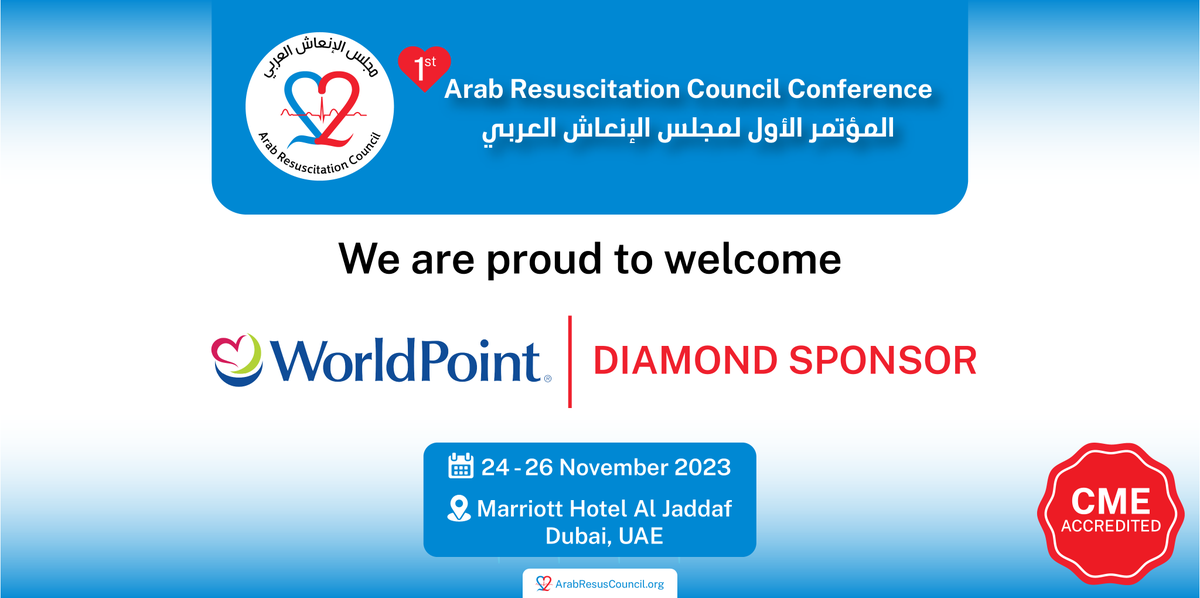 ArabResusC's tweet image. Extending a warm welcome to our Diamond Sponsor, World Point, at the Arab Resuscitation Council Conference! Your support fuels our mission to save lives.
Join us from 24-26 November 
#ArabResuscitationCouncil  #WorldPoint #ArRC #CPR #AED #معا_ننقذ_حياة #مجلس_الانعاش_العربي