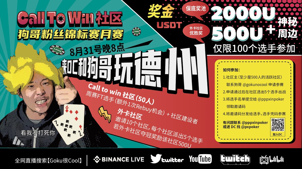 pppxinpoker's tweet photo. 上周狗哥 @gokunocool 去菲律宾被噶了腰子耽误了月赛
这周伤养好了
月赛继续进行
31号周四晚8点
外卡社区已经报满了
狗哥自己的 #CalltoWin 社区建设者还剩几个名额
还没报名的赶紧填表了
https://t.co/wccaIEn05y
#狗哥粉丝锦标赛