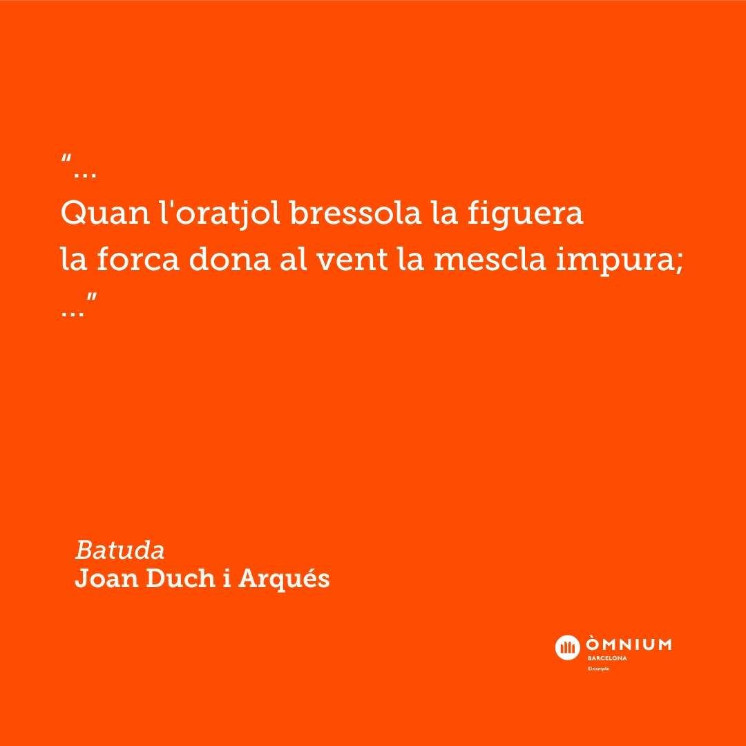 OmniumEixample's tweet photo. #TicPoètic! 🌱 Fragment de "Batuda", de Joan Duch i Arqués. Llegeix-ne més! https://t.co/X3PyMvyKoW #JoanDuchiArqués #poesia #ticspoètics #oratjol #bressola #figuera #vent #mescla #impura #força https://t.co/izexhzfs0M