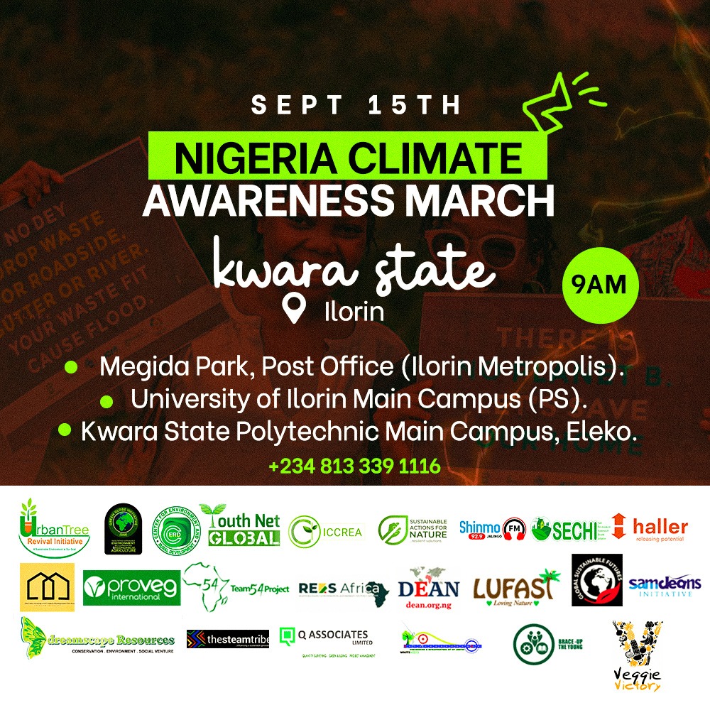 ggiclimate's tweet photo. #ClimateMarch2023 is an event to #Engage, #Educate &amp; #Empower you 2 #SpeakUp, impact yourself &amp; #Influence others to stir #ClimateAction at #Individual &amp; #Group Levels.

#JoinKwara; it's time to #March4Climate @Greenglobei22 @RevivalTree @LufasiPark @InsideIlorin_NG @EAD_FMEnvng https://t.co/Lrlb7u0FJB