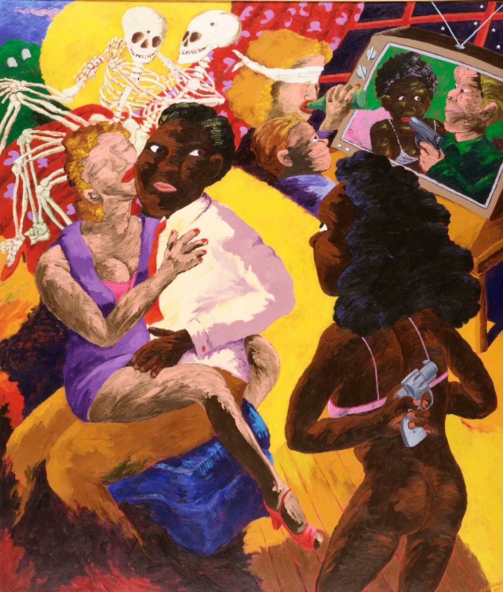 artistsofcolour's tweet photo. SATURDAY NIGHT SPECIAL (I SEEN IT ON T.V.), Robert Colescott, 1988 https://t.co/iqLqAp47ux