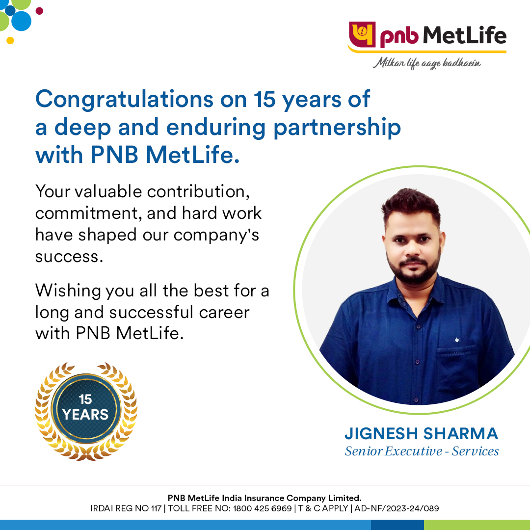 PNBMetlife1's tweet photo. Celebrating Jignesh Sharma's 15 years of unwavering dedication as Senior Executive at PNB MetLife
Your journey embodies commitment and excellence
Disclaimer: https://t.co/lzRAZiMmth
#PNBMetLife #MilkarLifeAageBadhaein #KaroBadeSapnoKiTayyari #LongServiceAward #15YearsOfService https://t.co/S7fpHurgIj