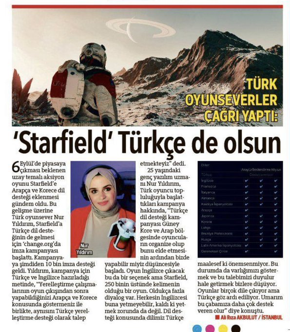 celestiavangogh's tweet photo. Starfield için başlattığımız Türkçe dil desteği kampanyamız Hürriyet Gazetesi'nde haber oldu!

✨Çalışmalarımız hem yerli hem de global basında destek görüyor. Yılmak yok, daha fazla çalışmaya devam.

Starfield'a Türkçe gelmeli! 🇹🇷

#Starfield 
#StarfieldneedsTurkish https://t.co/tmjRWX0m32