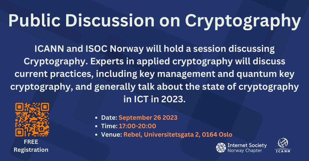 ICANN's tweet photo. Would you like to learn more about the role of cryptographic keys in keeping the DNS secure?
Find out about the latest key cryptography management techniques and challenges in “​​A Session Discussing Cryptography”. @ISOCNorway 
To register >> https://t.co/rQbzaLnWYb https://t.co/Pwzu67iDza