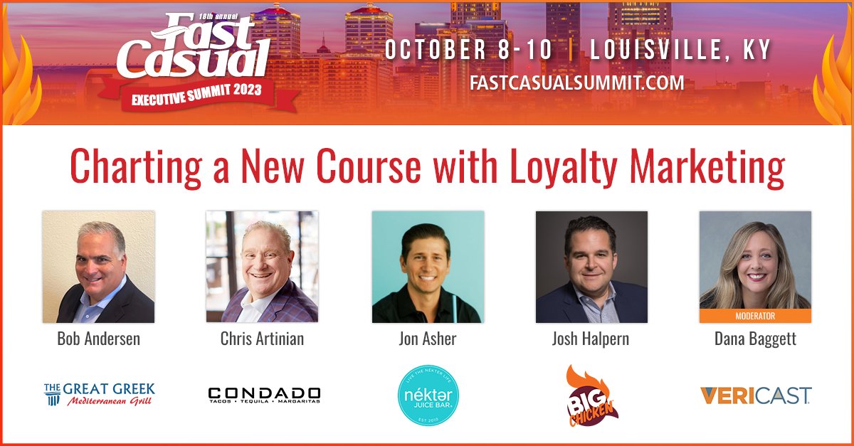 fastcasualexec's tweet photo. This panel at Fast Casual Executive Summit 2023 will show brands how to rethink where and how they engage customers. #FCsummit
👉 Bob Andersen @GreatGreekGrill
👉 Chris Artinian @condadotacos
👉 Jon Asher @NekterJuiceBar
👉 Josh Halpern @BigChickenShaq
👉 Dana Baggett @Vericast https://t.co/AZx8rt7AmK