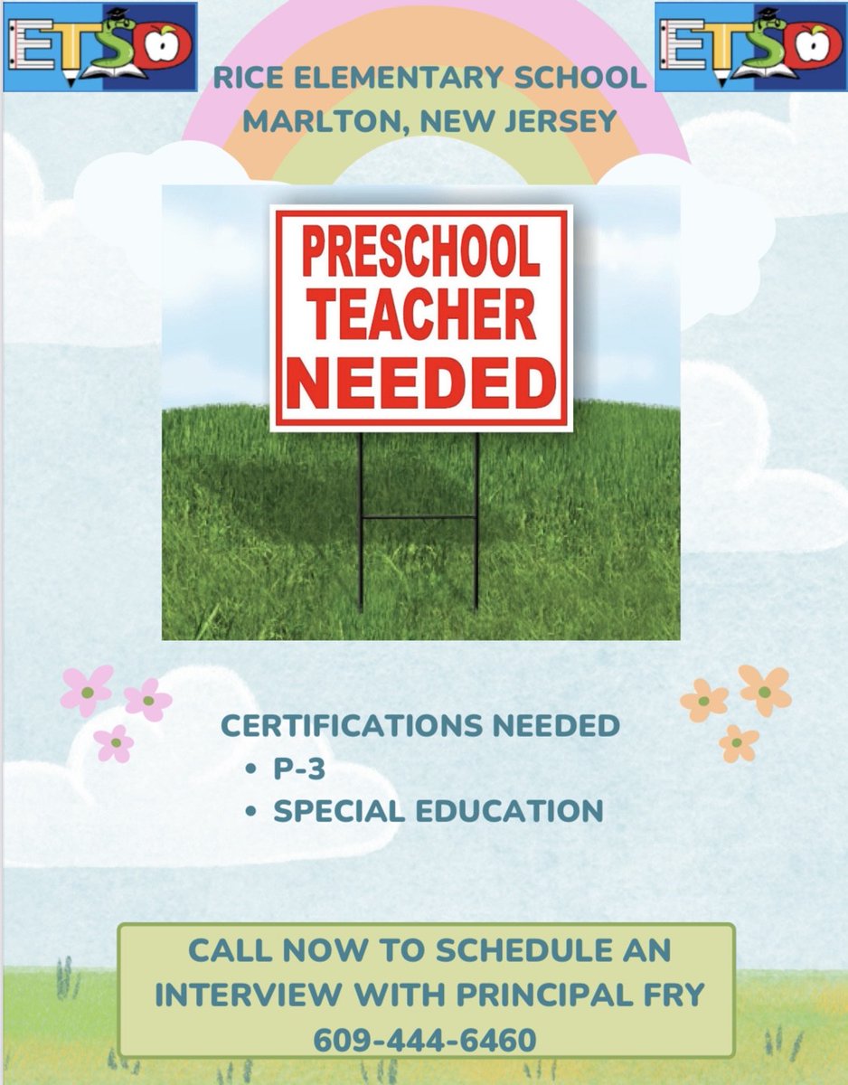 Preschool teacher need at Rice Elementary. Please share with friends. Come see the beauty of our amazing preschool program. <a href="/EveshamSchool/">Evesham Township School District</a> <a href="/RiceES_Princ/">Rice Elementary</a> <a href="/_AmandaFry/">Amanda Fry</a>