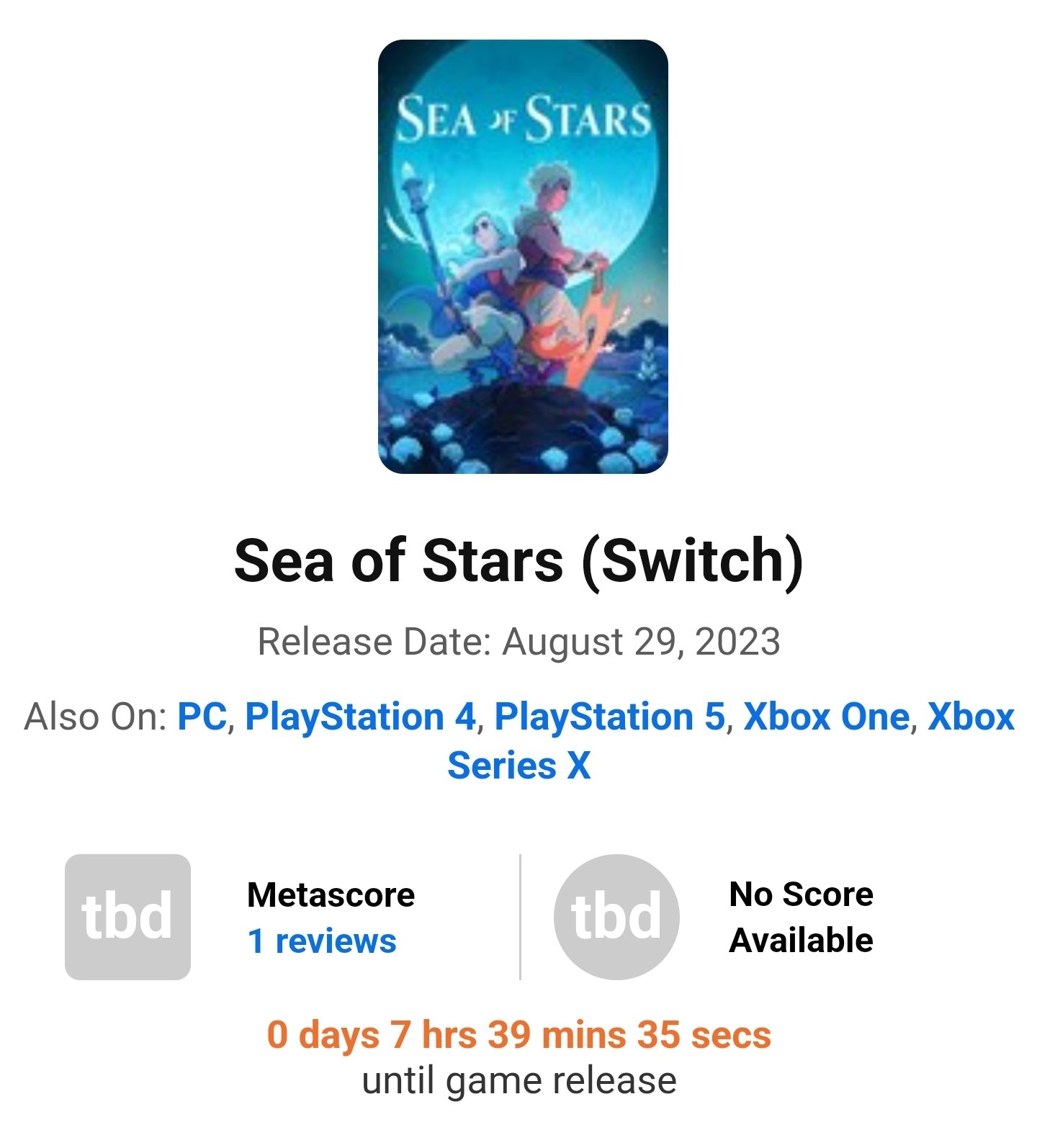 metacritic on X: Sea of Stars (Metascore Updates): [PC - 89]   [PS5 - 88]  [Switch - 91]   [XSX - 89]  The new  benchmark for turn-based RPGs - God