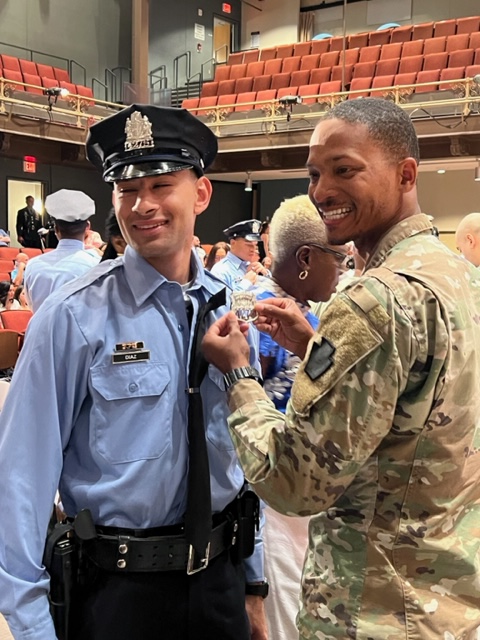 Prior to graduating, Recruits have a badge pinning ceremony.  A family member pins the badge on the Recruit , by wearing the badge they pledge to show gratitude, live with honor, serve with pride and swear to protect the public.