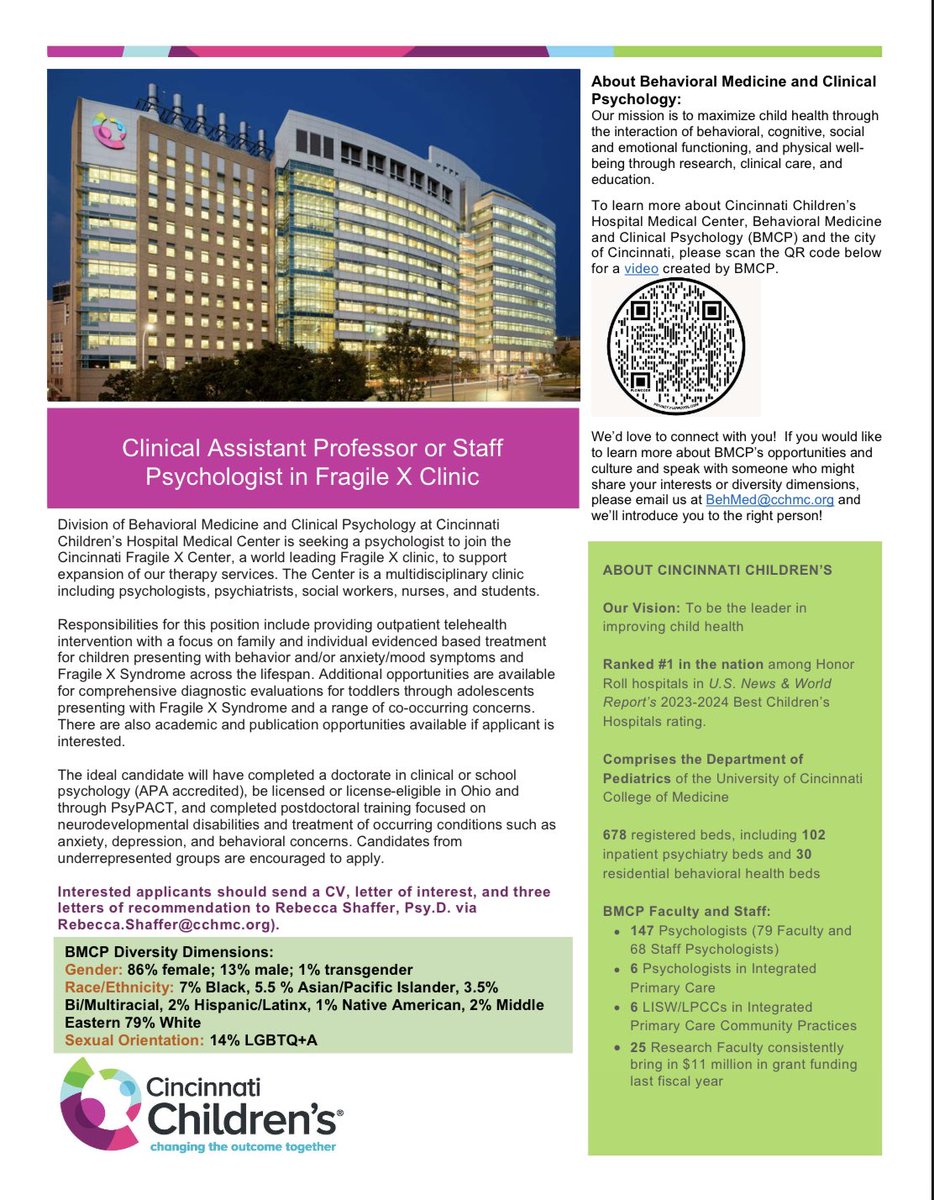 We’re hiring! Our team is looking to add another psychologist to our #FragileX treatment clinic. This clinic is primarily telehealth, which gives the opportunity to work with families across the US in PsyPACT states. For more info, reach out to myself or <a href="/BeccaCShaffer/">Dr. Rebecca Shaffer</a>