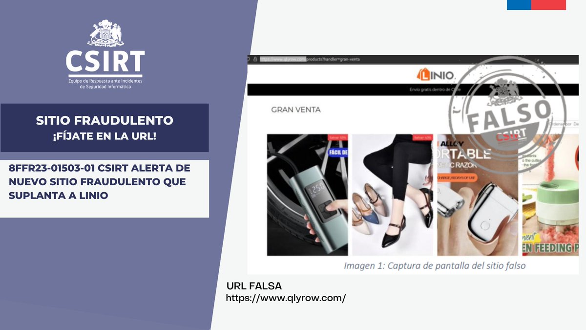 ANCIChile's tweet photo. ⚠️ ¡Atención! Informamos de la activación de un sitio fraudulento que suplanta a #Linio ¡#NoHagasClick! Los detalles aquí: https://t.co/B1JeQBK6lM #ciberseguridad #CSIRTGob @subseinterior https://t.co/ZaUvKIqi0z