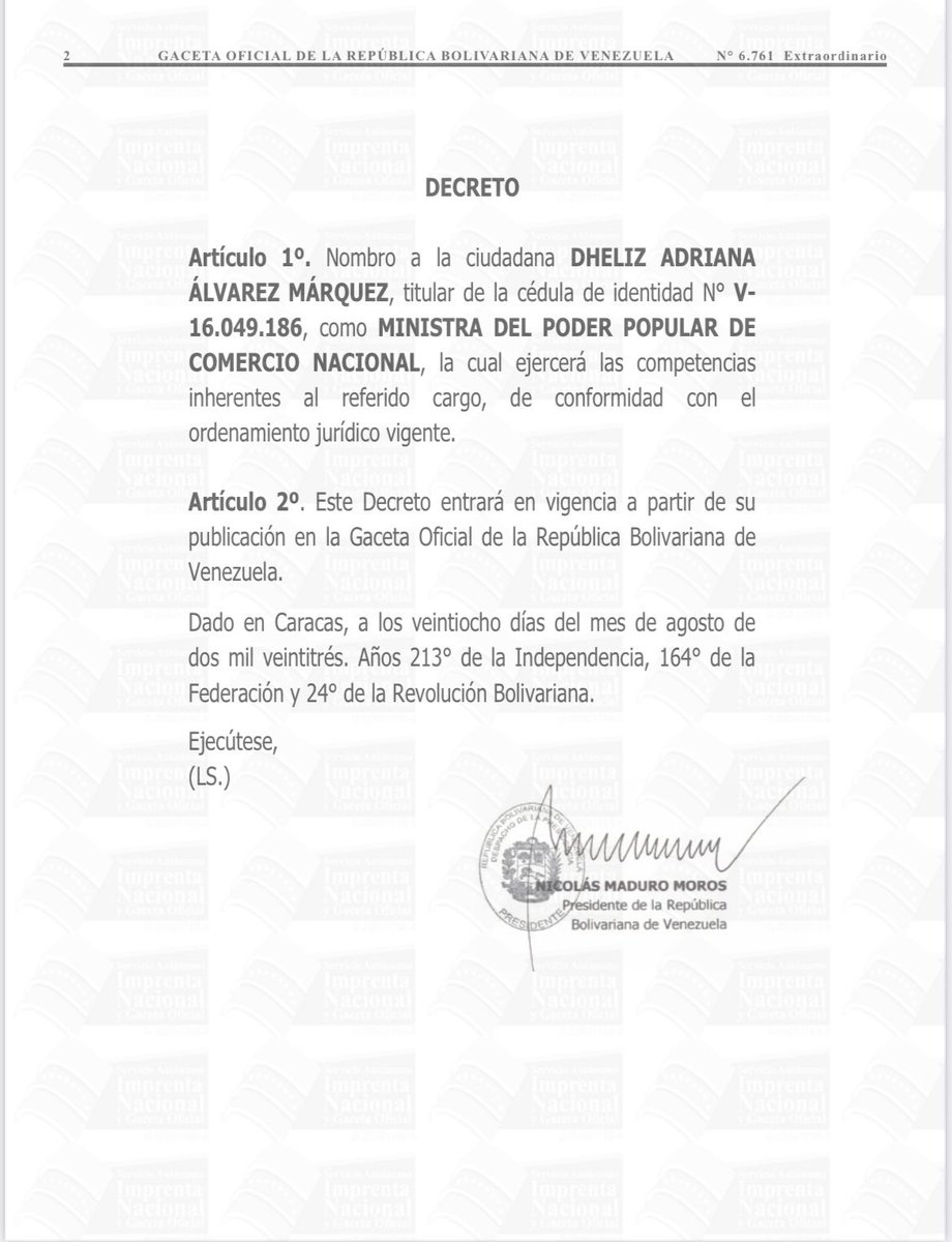 #ÚltimoMinuto🔴| A través de la Gaceta Oficial Extraordinaria Nº 6.761, fue designada <a href="/DhelizAlvarez/">Dheliz Álvarez</a> como Ministra del Poder Popular de Comercio Nacional.

#ConéctateConMaduro