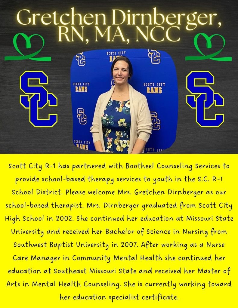 Please welcome our new school-based therapist Mrs. Gretchen Dirnberger. We are so excited to be able to provide these services to our Scott City R-I students. #SCPride #SCWeAre1 #WeAreSCE