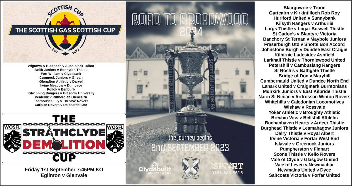 It’s Cup Weekend in the WoSFL and we get started with Eglinton v Glenvale in the Strathclyde Demolition Cup on Friday night at 7:45pm.
We then move on to Saturday where we have 16 teams in the Scottish Gas Scottish Cup and 45 teams in the Clydebuilt Home Improvements Junior Cup.