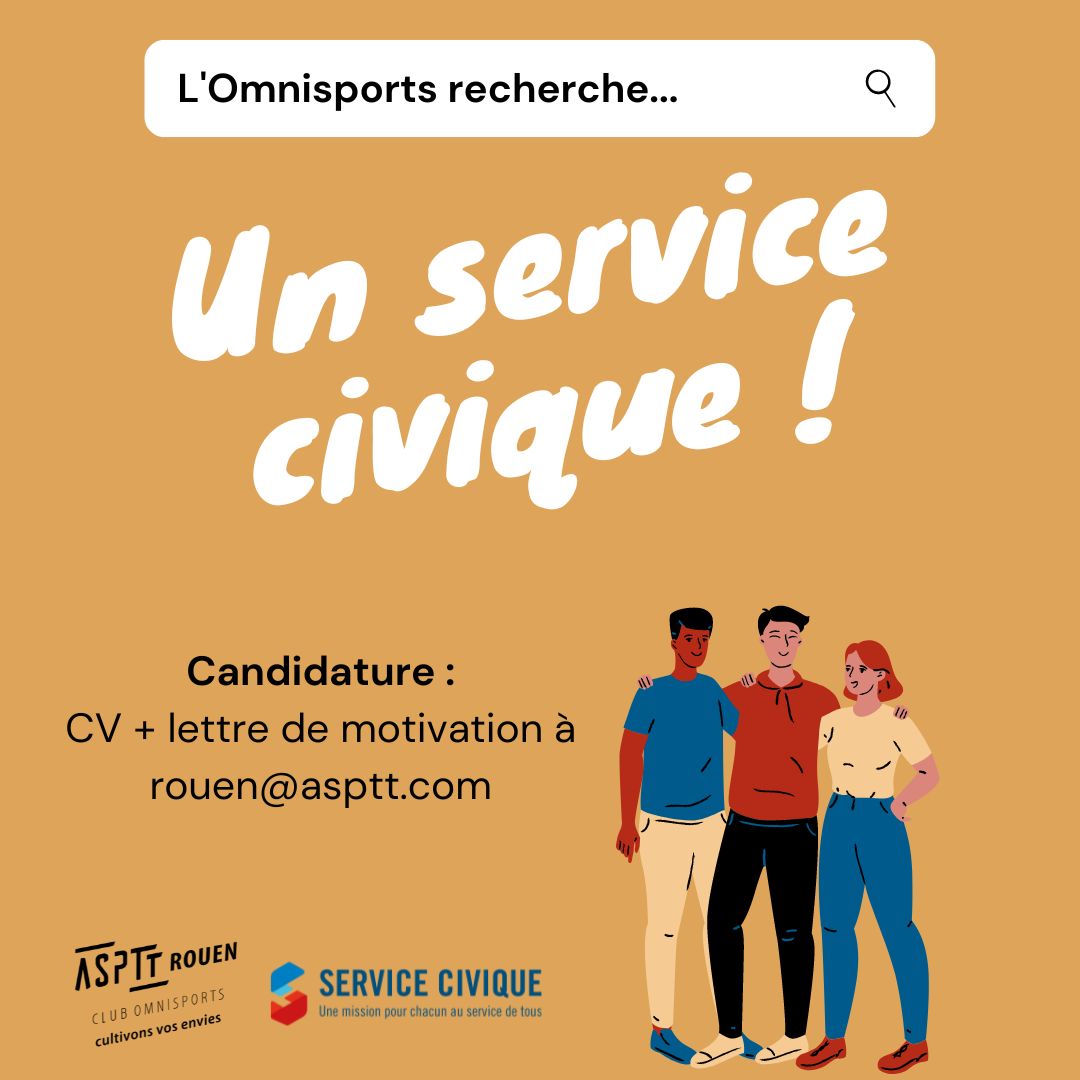 L'ASPTT #Rouen Omnisports recherche un.e #ServiceCivique

🤝Missions : Assistance aux éducateurs, actions se sensibilisation au développement durable, élaboration et animation des stages et de nos événements, gestion des adhésions...
✉️CV + lettre de motivation à rouen@asptt.com