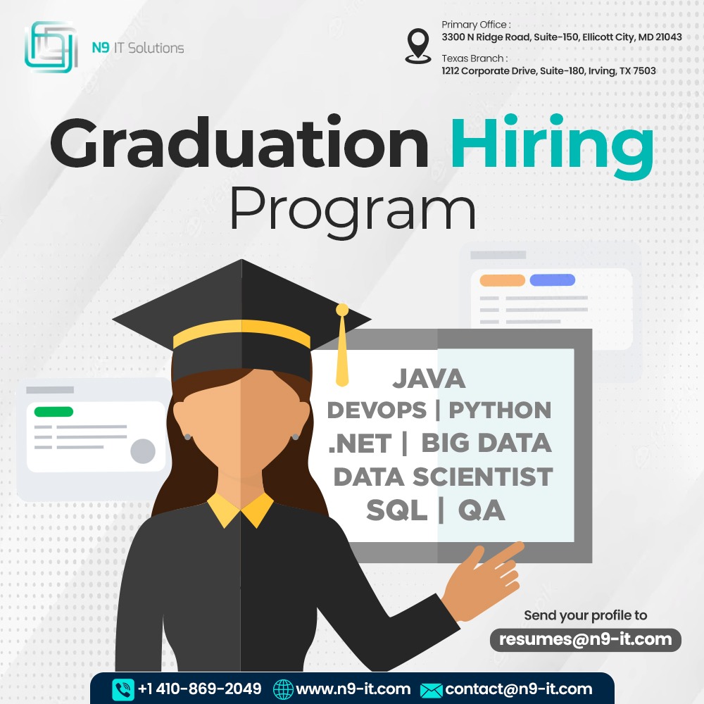 Want to Make your Career in your Dream Job...! We are Hiring All Recent Graduates Contact us for more details - +1 410-869-2049 Share your resume to resumes@n9-it.com Website - n9-it.com #SQL #sqldeveloper #devopsjobs #pythonjobsusa #fresher #sql #developer