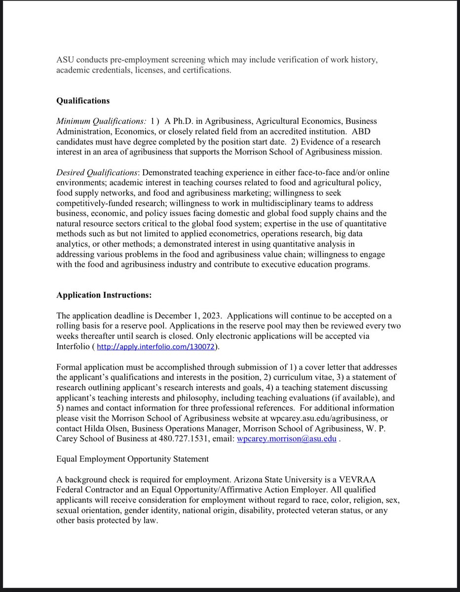 Our department at <a href="/WPCareySchool/">W. P. Carey School</a> is hiring an Assistant Professor of Agribusiness. See the advertisement here: apply.interfolio.com/130072
#Econtwitter RT please!
Feel free to reach out if you have any questions.