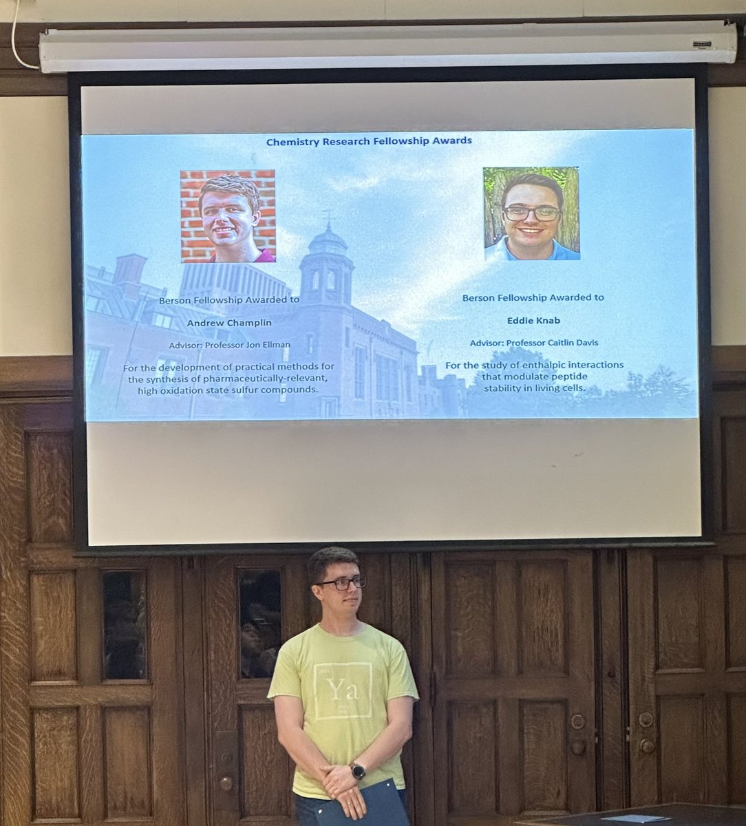 ellman_lab's tweet photo. Congratulations to third-year student Andrew Champlin for receiving the Jerome A. Berson Graduate Research Fellowship Award! A highlight of the annual Yale Chemistry Symposium. Special thanks to the organizers, and a warm welcome to the new class of graduate students! https://t.co/gk4elWsWF1
