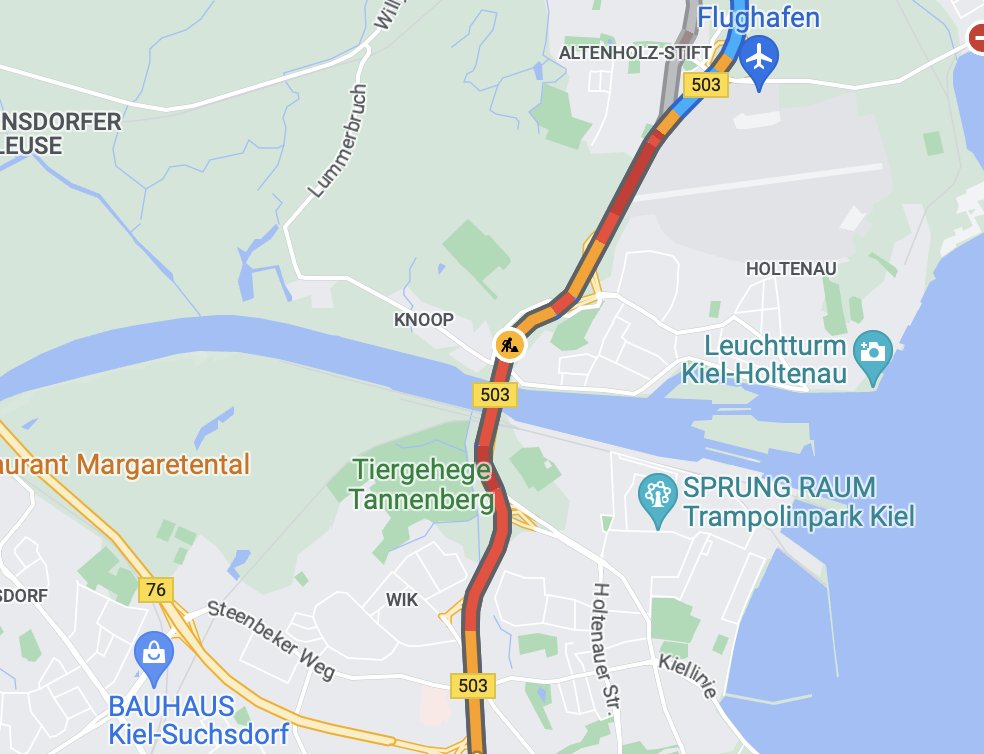 Hey <a href="/stadt_kiel/">Landeshaupstadt Kiel</a> Wessen Idee war es, zusätzlich zu den Sperrungen auf der #Hochbrücke die Fahrbahnen auf der #B503 weiter einzuschränken? Und wie lange soll das dauern? Auf der Website der Stadt steht dazu leider gar nichts.