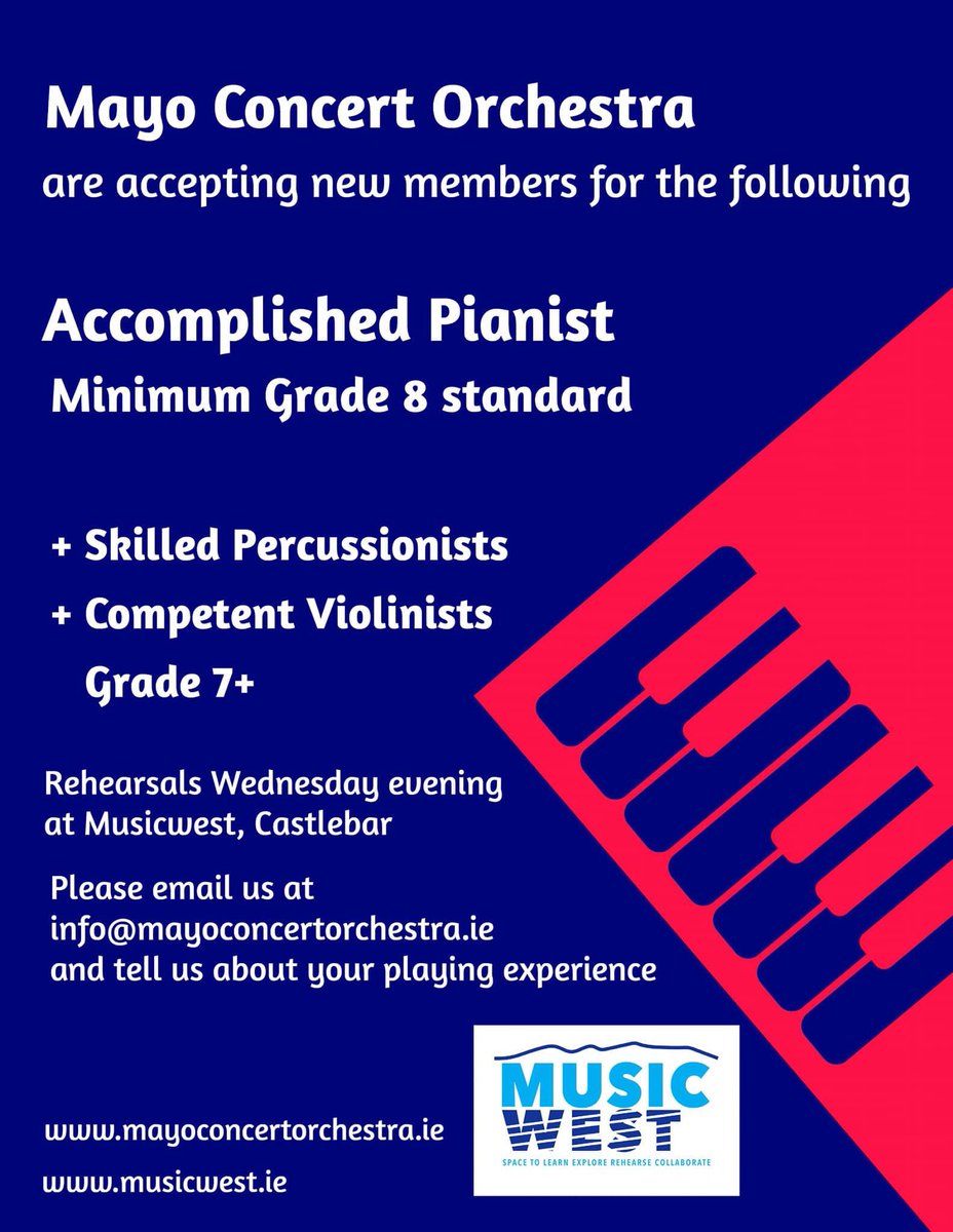 Connaught Quartet (@connaughtquart1) on Twitter photo Come and join our team! Mayo musicians are invited to play orchestral music, Wednesdays 8-9.30 at Music West. Contact info@mayoconcertorchestra.ie for details.
#LoveMayo #castlebar Come and join our team! Mayo musicians are invited to play orchestral music, Wednesdays 8-9.30 at Music West. Contact info@mayoconcertorchestra.ie for details.
#LoveMayo #castlebar