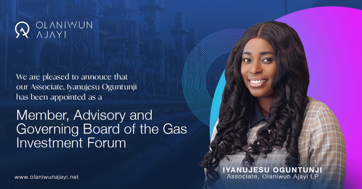 OlaniwunAjayiLP's tweet photo. We are pleased to announce that our Associate, Iyanujesu Oguntunji, has recently been appointed as a Member of the Advisory and Governing Board of the Gas Investment Forum.
Congratulations Iyanujesu!
#TeamOALP #OALP https://t.co/Qj4amj4PGc