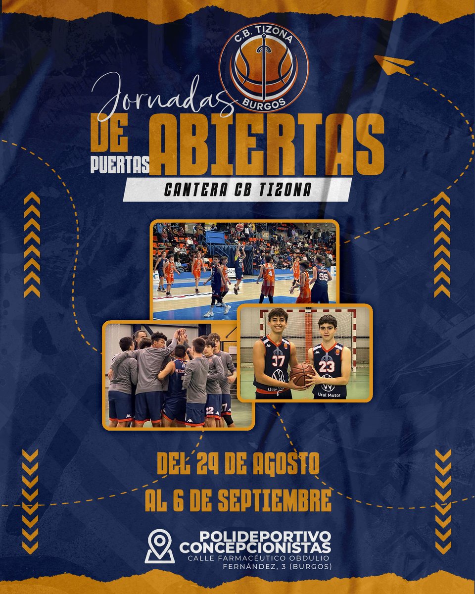 cb_tizona's tweet photo. CANTERA |

¿Has nacido entre 2006 y 2014 y quieres formar parte de la #FamiliaTizona? 🏀

🏃‍♂️¡¡¡VEN A NUESTRAS JORNADAS DE PUERTAS ABIERTAS!!!

📅 Del 29 de agosto al 6 de septiembre
🏟️ Concepcionistas

💙🗡️🏀
#SomosTizona https://t.co/deWyZiJQ0A