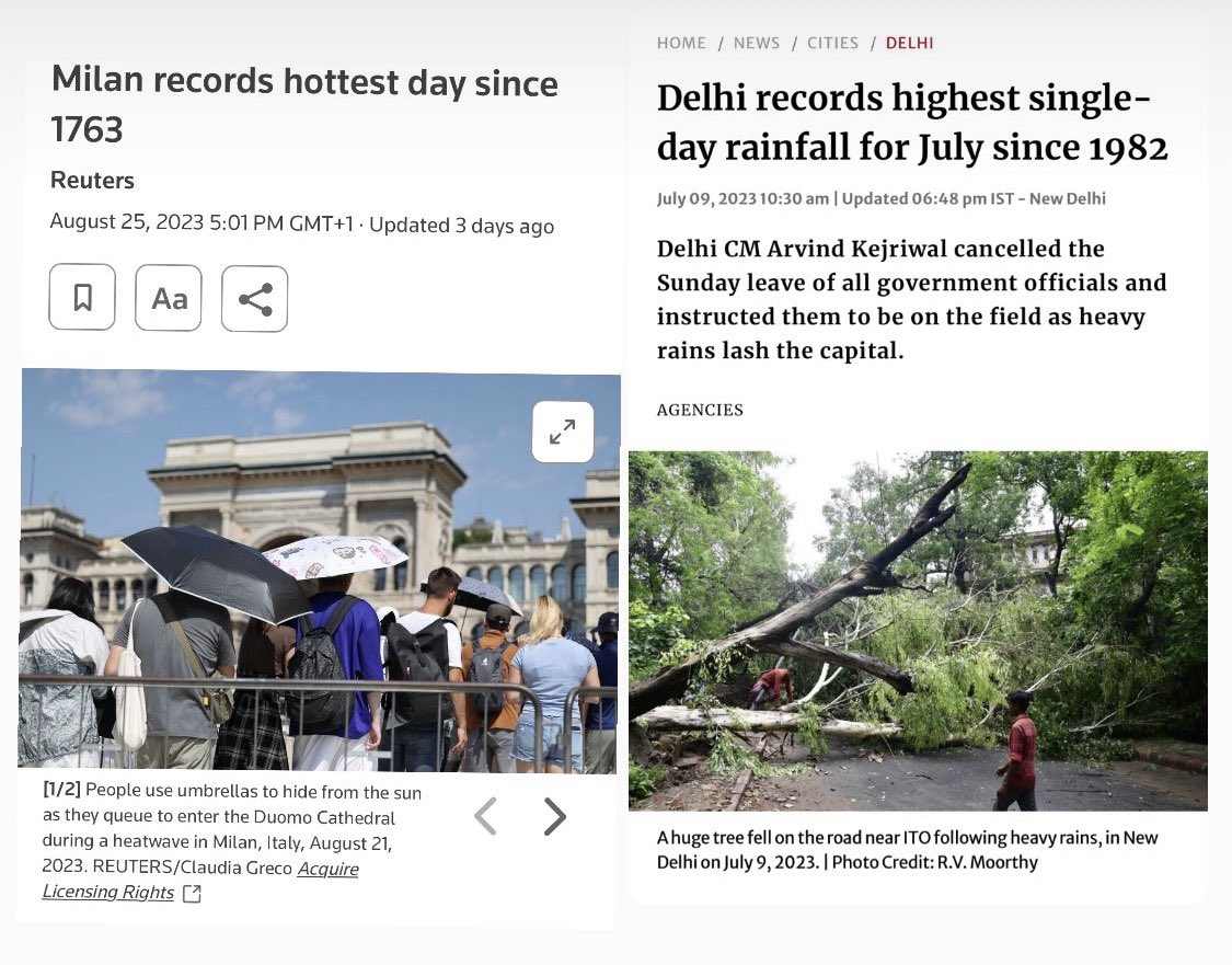 Experiencing #ClimateExtremes: This summer I was in India when I witnessed Delhi's highest July rainfall since 1982. Now in Milan, amidst the aftermath of the hottest day in 260 years. Time to take #ClimateAction seriously. 🌍🌿 #ClimateConscious