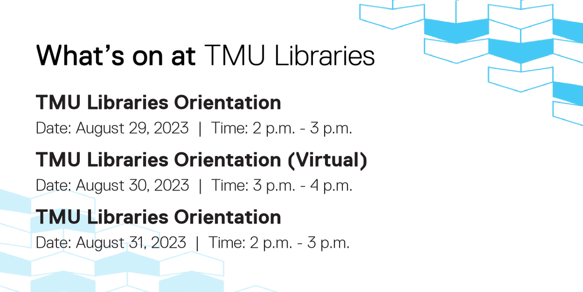 This week at TMU Libraries: TMU Libraries Orientation! Check out our orientation sessions, taking place on Tuesday, Aug. 29th at 2 p.m., Wednesday, Aug. 30th at 3 p.m., and Friday, Aug. 31st at 2 p.m. Learn more & register: bit.ly/TMULibrariesWo…