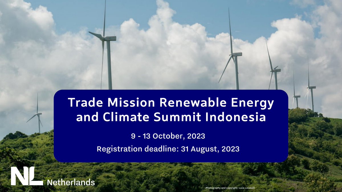 NL Enterprise Agency (@nlenterprise) on Twitter photo ⚡You still have 4️⃣ days to register for the Trade Mission Renewable Energy and Climate Summit in #Indonesia!
We are also pleased to announce that our Climate Envoy <a href="/jaimedebourbon/">Jaime de Bourbon de Parme</a> will lead the delegation to Jakarta. See you there!
#Climate #RenewableEnergy #TradeMission ⚡You still have 4️⃣ days to register for the Trade Mission Renewable Energy and Climate Summit in #Indonesia!
We are also pleased to announce that our Climate Envoy <a href="/jaimedebourbon/">Jaime de Bourbon de Parme</a> will lead the delegation to Jakarta. See you there!
#Climate #RenewableEnergy #TradeMission