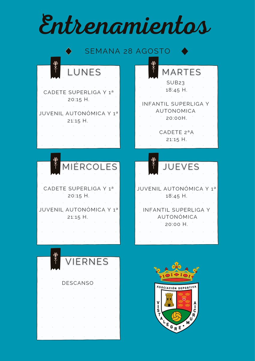 ADVistalegre's tweet photo. Horario de entrenamientos de nuestros equipos en esta última semana de agosto. https://t.co/Z2zJJt94O6