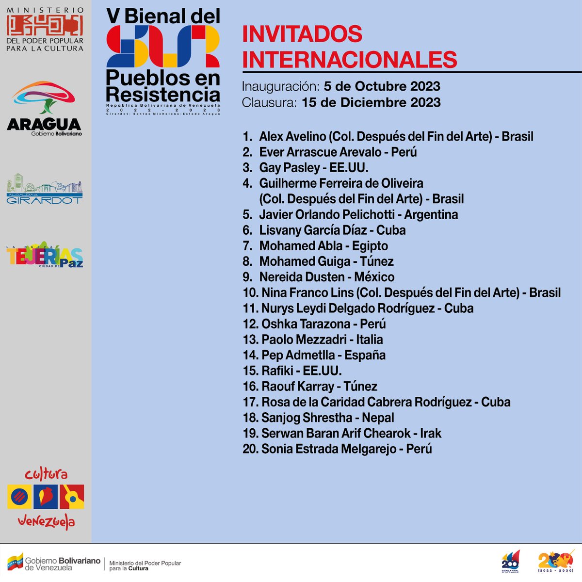 IartesVzla's tweet image. #28Agos El Instituto  de las Artes, la Imagen y el Espacio y el comité organizador de la V  Bienal del Sur, Pueblos en Resistencia: Calle, Memoria y Esperanza  informa el listado oficial de los artistas nacionales e internacionales  participantes en esta edición.