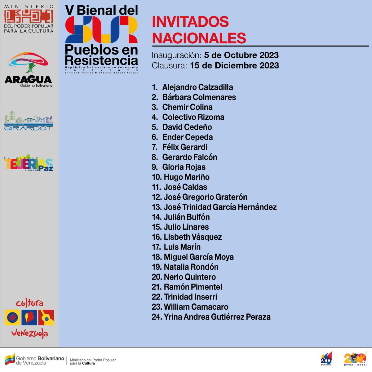 IartesVzla's tweet image. #28Agos El Instituto  de las Artes, la Imagen y el Espacio y el comité organizador de la V  Bienal del Sur, Pueblos en Resistencia: Calle, Memoria y Esperanza  informa el listado oficial de los artistas nacionales e internacionales  participantes en esta edición.