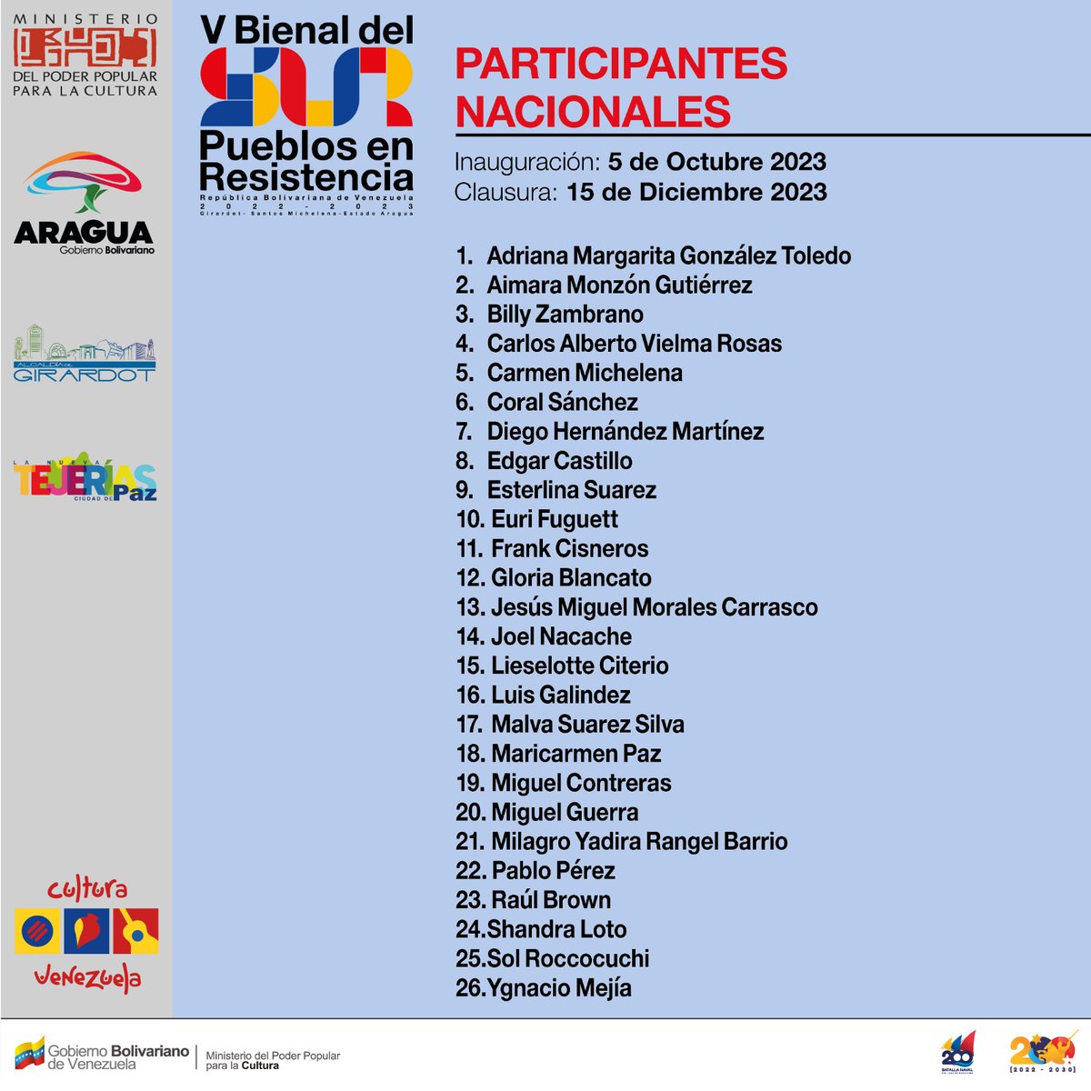 IartesVzla's tweet image. #28Agos El Instituto  de las Artes, la Imagen y el Espacio y el comité organizador de la V  Bienal del Sur, Pueblos en Resistencia: Calle, Memoria y Esperanza  informa el listado oficial de los artistas nacionales e internacionales  participantes en esta edición.