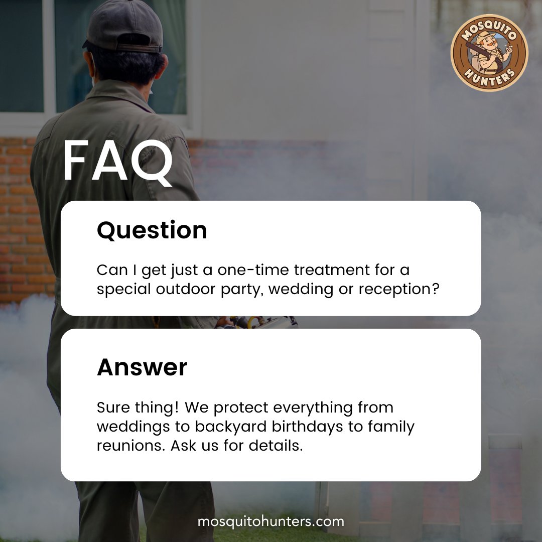 If your questions are still unanswered. Contact us at mosquitohunters.com

#mosquitohunters #mosquitoes #hunters #tickprevention #fleacontrol #pestcontrol #mosquitocontrolservices #eventservices #controlservices #FAQ