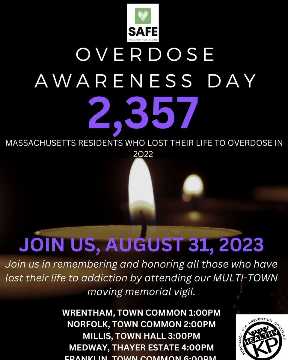 Our community partners at the SAFE Coalition will host their annual International Overdose Awareness Day event on August 31st, 2023. This is a multi-town moving memorial focused on remembering and honoring all those who have lost their life to addiction.