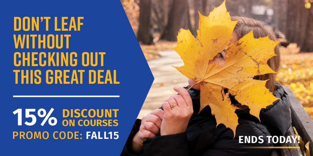 UCRExtension's tweet image. This is your final reminder to snap up this fall savings and start making success happen for you. Take charge by using our exclusive promo code FALL15 for 15% off courses. Promo ends today, so enroll now!

ow.ly/m8HN50PlbMB

#FALL15 #promo #ucrextension