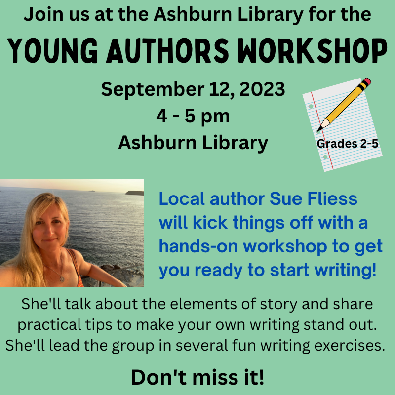 SueFliess's tweet photo. Are you a young local aspiring writer? Join us for the YOUNG AUTHORS WORKSHOP September 12 at Ashburn Library. I'll be kicking off the series with a fun hands-on workshop to spark your creativity! @LoudounLibrary https://t.co/Z34IWmJCau https://t.co/jhtf3OK8og