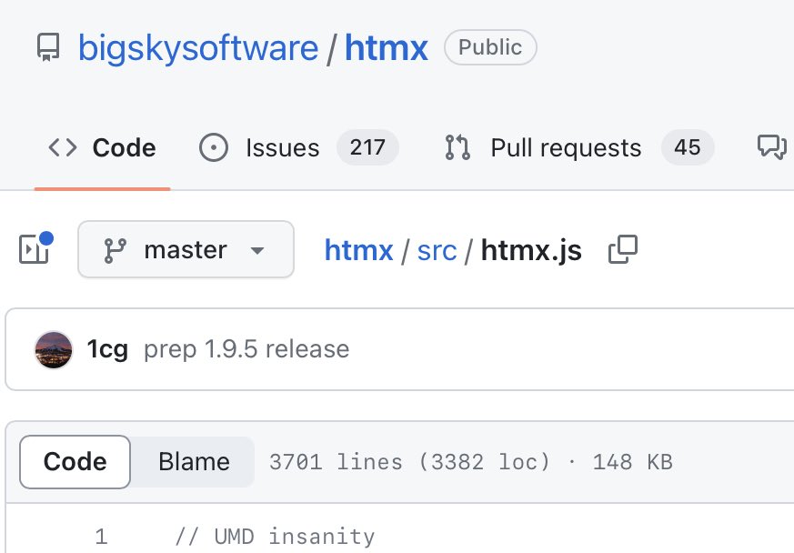flaviocopes's tweet image. The full htmx source is a single 3,700-line JavaScript file, and line 1 is
//UMD insanity
Already love it 😂