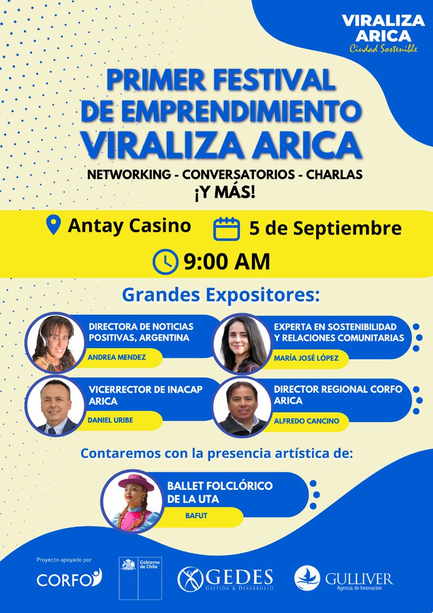📍Arica.
Felices de anunciarles el "Primer festival de emprendimiento: Viraliza Arica, ciudad sostenible". 
-Muestra de emprendedores locales.
-Espacios de networking.
-Experiencias empresariales regionales. Y mucho más!
Participa este 4 y 5 de Septiembre en Antay Casino. 💙
