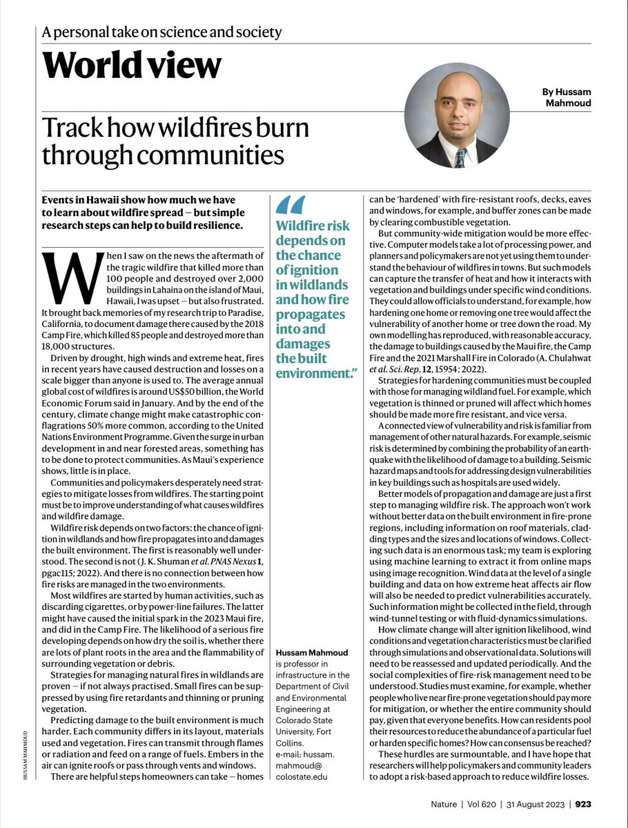 My world view column in @Nature on the need for vulnerability and risk-based strategies to reduce wildfire losses to communities. @ColoradoStateU @CSUEngineering @CSU_CivE nature.com/articles/d4158…