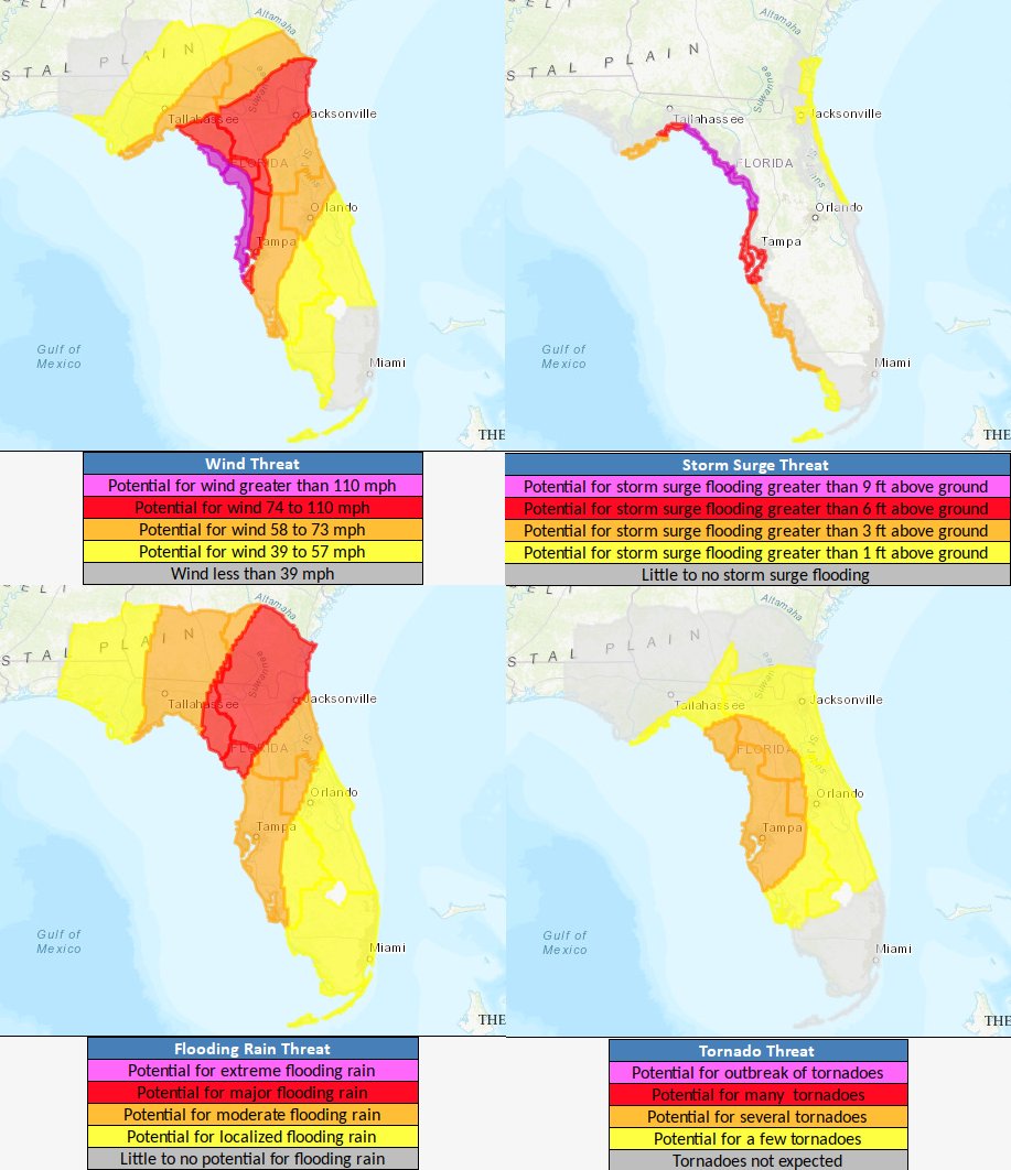BMcNoldy's tweet image. This suite of Hurricane Threats &amp;amp; Impacts (#HTI) graphics spans Monday morning through Wednesday evening for #Idalia.  These graphics show a 4-tier threat level from the 4 primary hurricane hazards and are designed to take the focus away from the track and put it on the impacts.