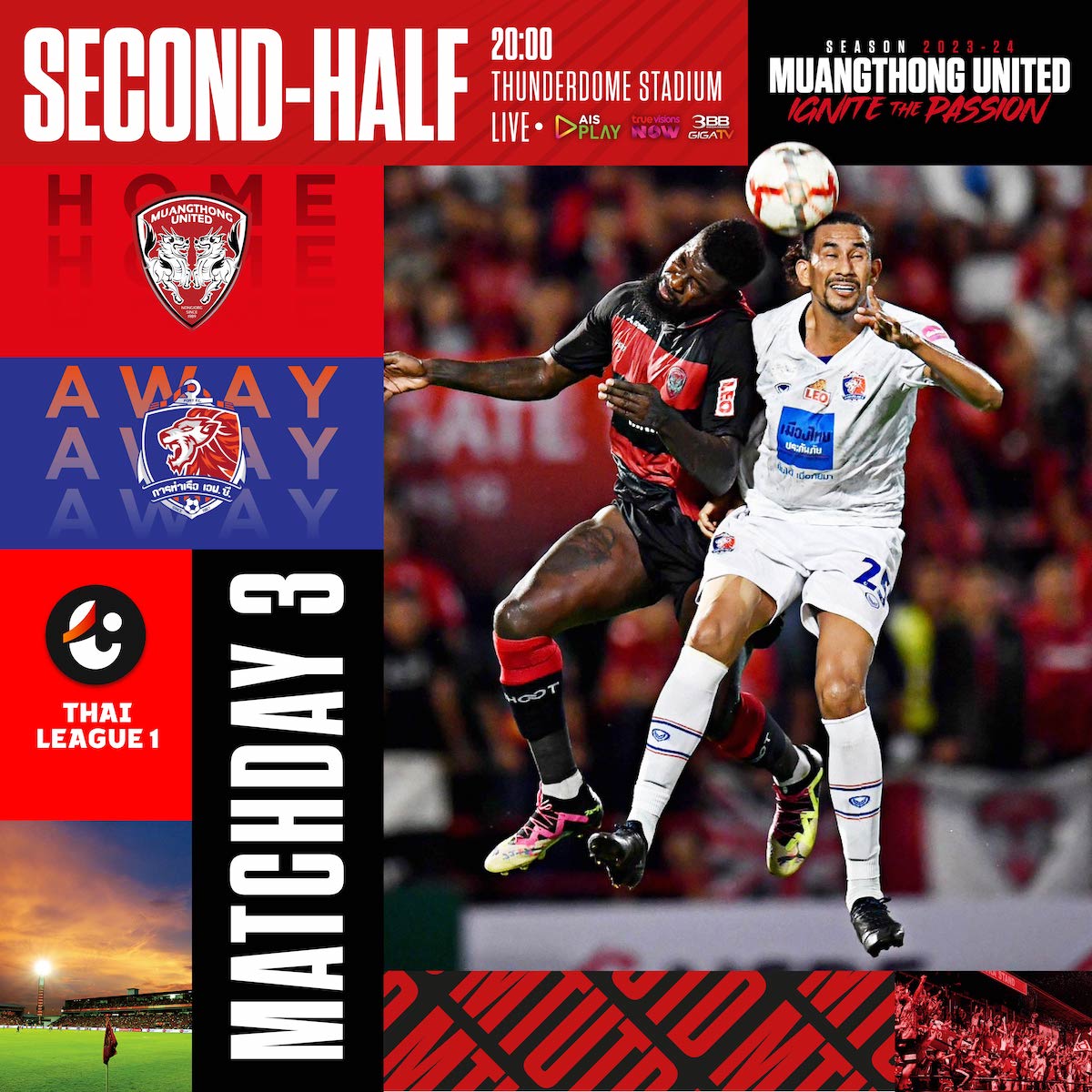 MuangthongUtd's tweet photo. second half is underway...with Songwut replacing Chatchai at centre back
🔴 0-1 ⚪️ (46)
--------------
MTUTD v Port FC
REVO THAI LEAGUE MATCHDAY3️⃣
🏟 Thunderdome Stadium
📺 AISPLAY, PPTV, True Ball Thai
#FootballThai #บอลไทย https://t.co/xr1elKz5Km