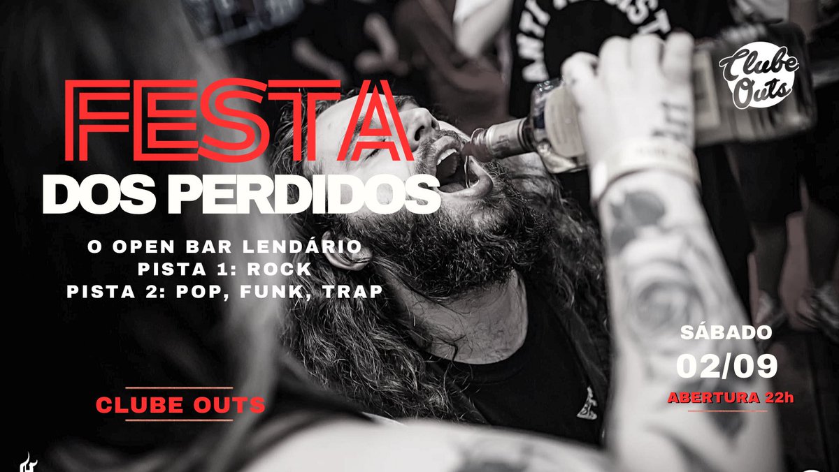 ClubeOuts's tweet photo. Sábado rola a FESTA DOS PERDIDOS, o OPEN BAR LENDÁRIO. Quer concorrer a um vip?

➡️ Siga nosso perfil 
➡️ Dê um retuíte 

Resultado no dia do evento. https://t.co/jloPW8Hucg