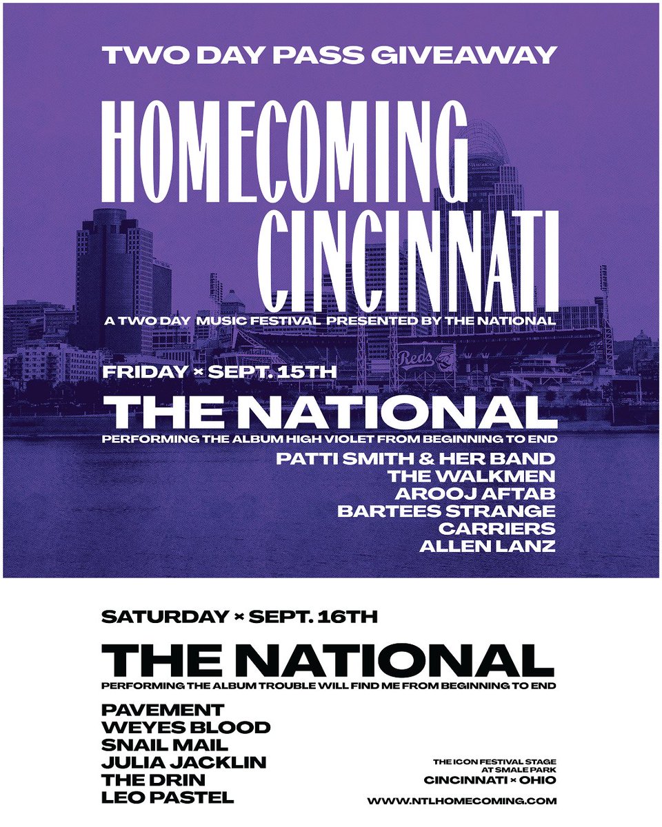 Head over to our Instagram (@bogartsshows) to enter for a chance to win 2 Two-Day Passes to The National’s critically acclaimed Homecoming Festival happening Friday, September 15 and Saturday, September 16 at The Icon Festival Stage at Smale Park! 

👉🏼 livemu.sc/3sq9trb